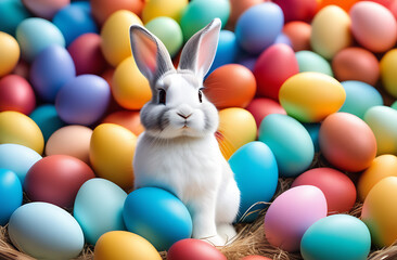 Small baby white grey gray red yellow rabbit in easter basket with fluffy fur and easter eggs on the table with candles. Ideal as an easter card or greeting card or wallpaper.