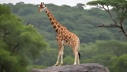 A formidable Giraffe standing on a rock surrounded by trees and vegetation. Splendid nature concept.