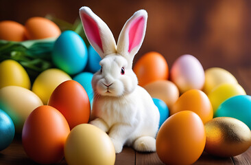 Fototapeta premium Small baby white grey gray red yellow rabbit in easter basket with fluffy fur and easter eggs on the table with candles. Ideal as an easter card or greeting card or wallpaper.