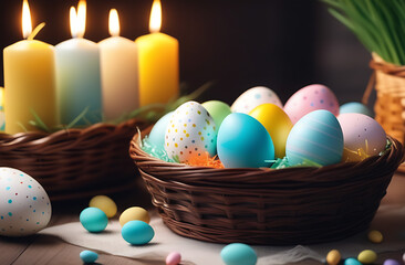 Obraz na płótnie Canvas Multi colors Easter eggs in the woven basket isolated on light wooden background with clipping path grass and flowers around. Pastel color Easter eggs.