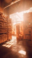 A warehouse illuminated by daylight, where boxes and pallets stand out. This scene is captured in a style reminiscent of lens flares, with bright tones of golden and orange.