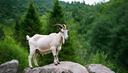 A formidable Goat standing on a rock surrounded by trees and vegetation. Splendid nature concept.
