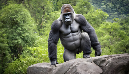 Fototapeta na wymiar A formidable Gorilla standing on a rock surrounded by trees and vegetation. Splendid nature concept.
