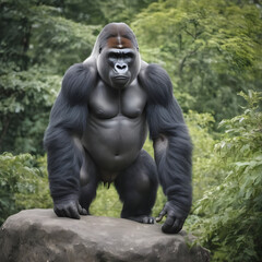 A formidable Gorilla standing on a rock surrounded by trees and vegetation. Splendid nature concept.