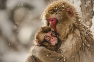 In a tender moment of serenity, snowflakes adorn the warm embrace of snow monkeys, their silent bond speaking volumes in the hush of winter.

