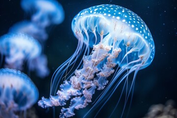 Blue jellyfish constellation, a silent symphony beneath waves, illuminated with nature's own neon.

