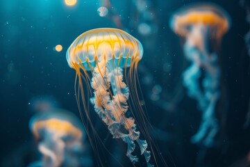 Obraz premium A golden jellyfish glides through the deep blue, its tentacles trailing like delicate threads of silk in the ocean's silent ballet.