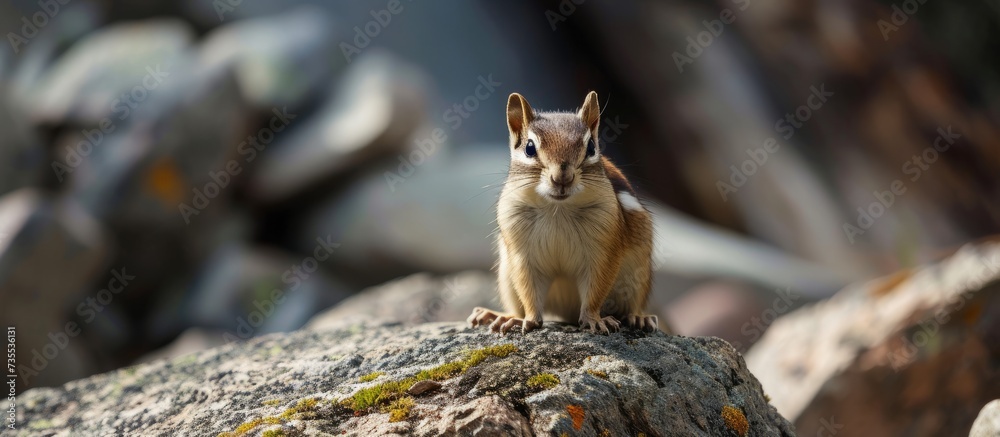 Wall mural The Organ Mountains Chipmunk, a terrestrial rodent with whiskers, is perched on a rock. This Eastern chipmunk has a fawn-colored coat and a bushy tail, resembling a squirrel.