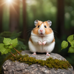A formidable Hamster standing on a rock surrounded by trees and vegetation. Splendid nature concept.