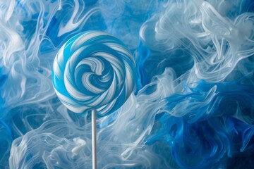 Swirls of blue smoke entwine with a striped lollipop, evoking a sense of playfulness and the sweet allure of childhood indulgences.

 - obrazy, fototapety, plakaty