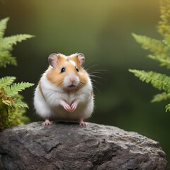 Naklejka na ściany i meble A formidable Hamster standing on a rock surrounded by trees and vegetation. Splendid nature concept.