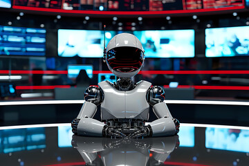 the robot in news studio as a news presenter, speaking, looking at camera, modern studio, blurred background. Artificial intelect in future life. AI Generated	