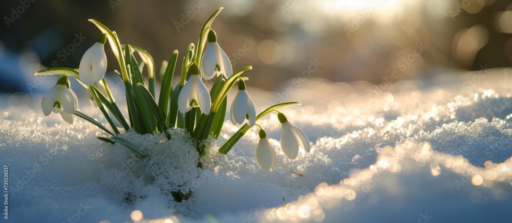 Poster close-up of delicate snow-covered flowers in the winter wonderland