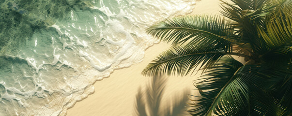 Top view sea beach with tropical palm tree leaves, Summer holiday vacation concept