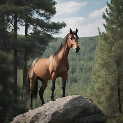 Fototapeta premium A formidable Horse standing on a rock surrounded by trees and vegetation. Splendid nature concept.