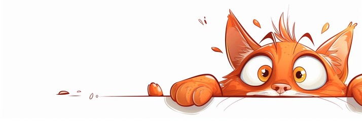 Wide-eyed orange cartoon cat peeks over a ledge with a shockingly cute expression