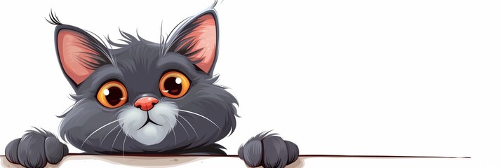 curious grey kitten with big orange eyes peeking over the edge, on a white background