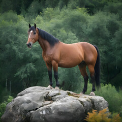 A formidable Horse standing on a rock surrounded by trees and vegetation. Splendid nature concept.