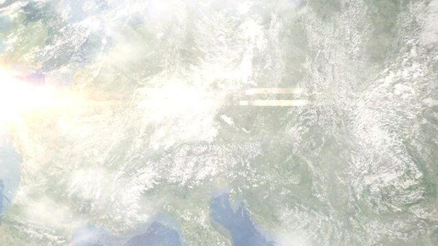 Earth zoom in from space and focus on Deggendorf, Germany. 3D Animation. Satellite view. Background for travel intro. Images from NASA.
