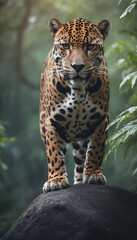 Fototapeta premium A formidable Jaguar standing on a rock surrounded by trees and vegetation. Splendid nature concept.