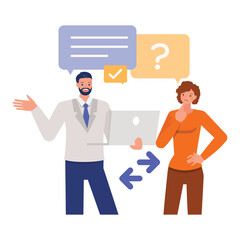 Business people response and discuss illustration concept.  Office man and woman character vector design. 