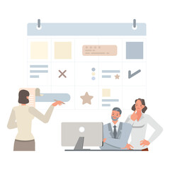 Business planning illustration concept. Business people working in office planning, thinking and economic analysis. Office man and woman character vector design. 