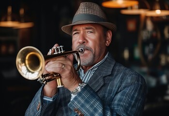 Obraz premium Man in Suit and Hat Playing Trumpet