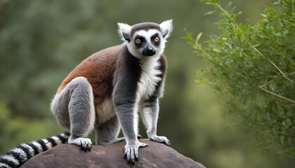 Fototapeta premium A formidable Lemur standing on a rock surrounded by trees and vegetation. Splendid nature concept.