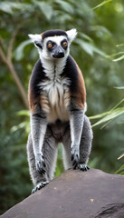 Obraz premium A formidable Lemur standing on a rock surrounded by trees and vegetation. Splendid nature concept.