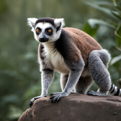 Obraz premium A formidable Lemur standing on a rock surrounded by trees and vegetation. Splendid nature concept.