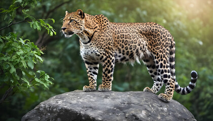 A formidable Leopard standing on a rock surrounded by trees and vegetation. Splendid nature concept.