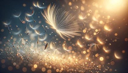 Foto op Plexiglas Golden-hued dandelion seed in mid-air with bokeh background © Kylan