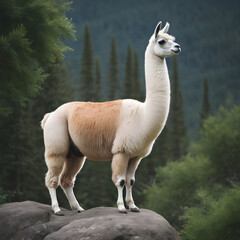 Fototapeta premium A formidable Llama standing on a rock surrounded by trees and vegetation. Splendid nature concept.