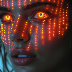 A face made of simple led yellow squares on a black l.e.d screen, flat image, camera frontal
