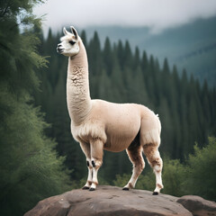 Fototapeta premium A formidable Llama standing on a rock surrounded by trees and vegetation. Splendid nature concept.