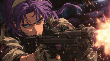 a woman shooting a gun with purple hair, in the style of sci-fi anime