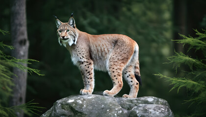 Naklejka na ściany i meble A formidable Lynx standing on a rock surrounded by trees and vegetation. Splendid nature concept.
