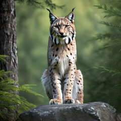 Obraz premium A formidable Lynx standing on a rock surrounded by trees and vegetation. Splendid nature concept.