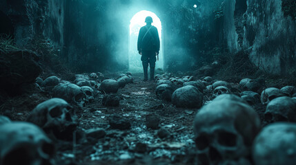 cinematic still of a wwii soldier, illuminated by dim moonlight, amid a sea of skulls, evocative scene - obrazy, fototapety, plakaty