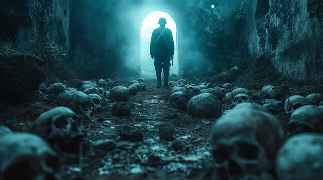 cinematic still of a wwii soldier, illuminated by dim moonlight, amid a sea of skulls, evocative scene