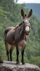 A formidable Mule standing on a rock surrounded by trees and vegetation. Splendid nature concept.