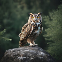 A formidable Owl standing on a rock surrounded by trees and vegetation. Splendid nature concept.