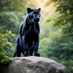 Naklejka na ściany i meble A formidable Panther standing on a rock surrounded by trees and vegetation. Splendid nature concept.