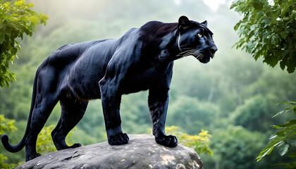A formidable Panther standing on a rock surrounded by trees and vegetation. Splendid nature concept. - obrazy, fototapety, plakaty
