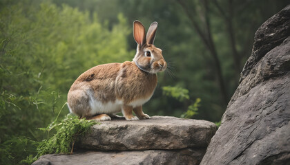 Fototapeta premium A formidable Rabbit standing on a rock surrounded by trees and vegetation. Splendid nature concept.