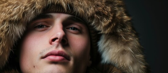 A man with facial hair wearing a fur hat is having fun in a beanie cap, showcasing the texture of the fur and the details of his jaw and eyelashes.