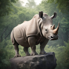 A formidable Rhinoceros standing on a rock surrounded by trees and vegetation. Splendid nature concept.