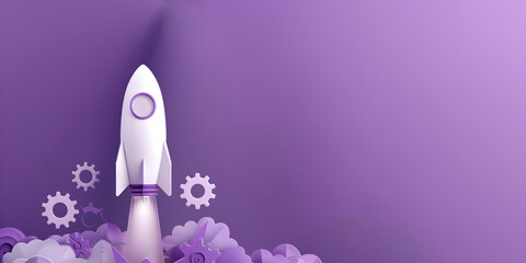 3D illustration of a white rocket launching over a purple background with gear icons and clouds, symbolizing a startup launch.