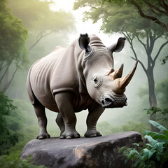 Naklejka premium A formidable Rhinoceros standing on a rock surrounded by trees and vegetation. Splendid nature concept.