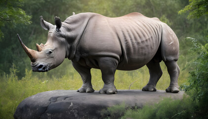 Fototapeta premium A formidable Rhinoceros standing on a rock surrounded by trees and vegetation. Splendid nature concept.